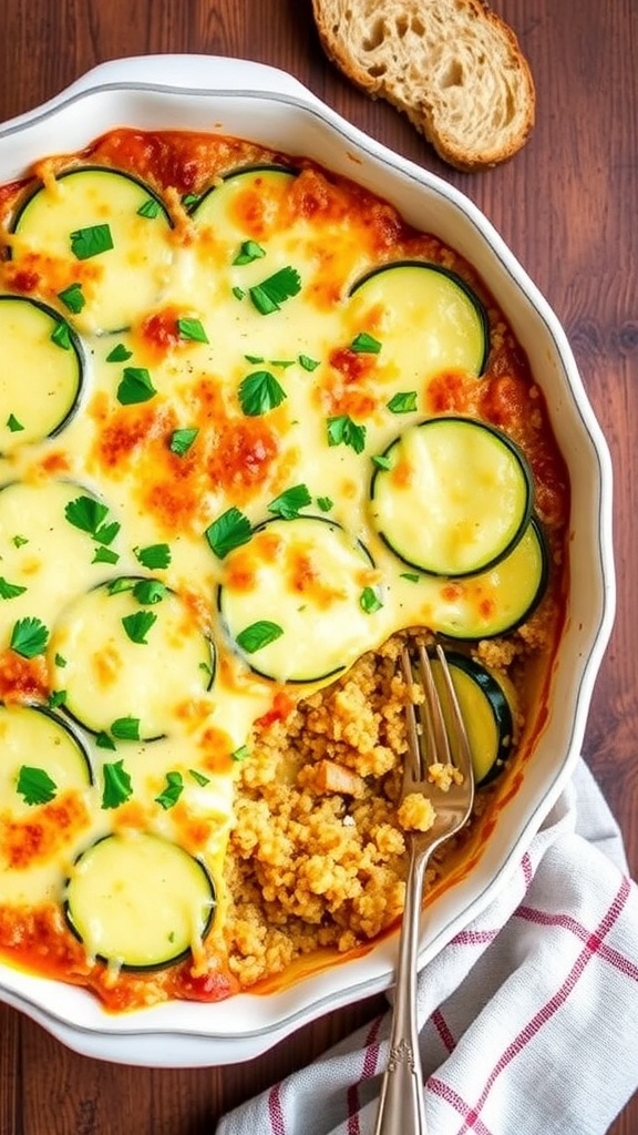 Zucchini Quinoa Casserole Recipe A delicious zucchini quinoa casserole with melted cheese, garnished with parsley, on a wooden table with bread.